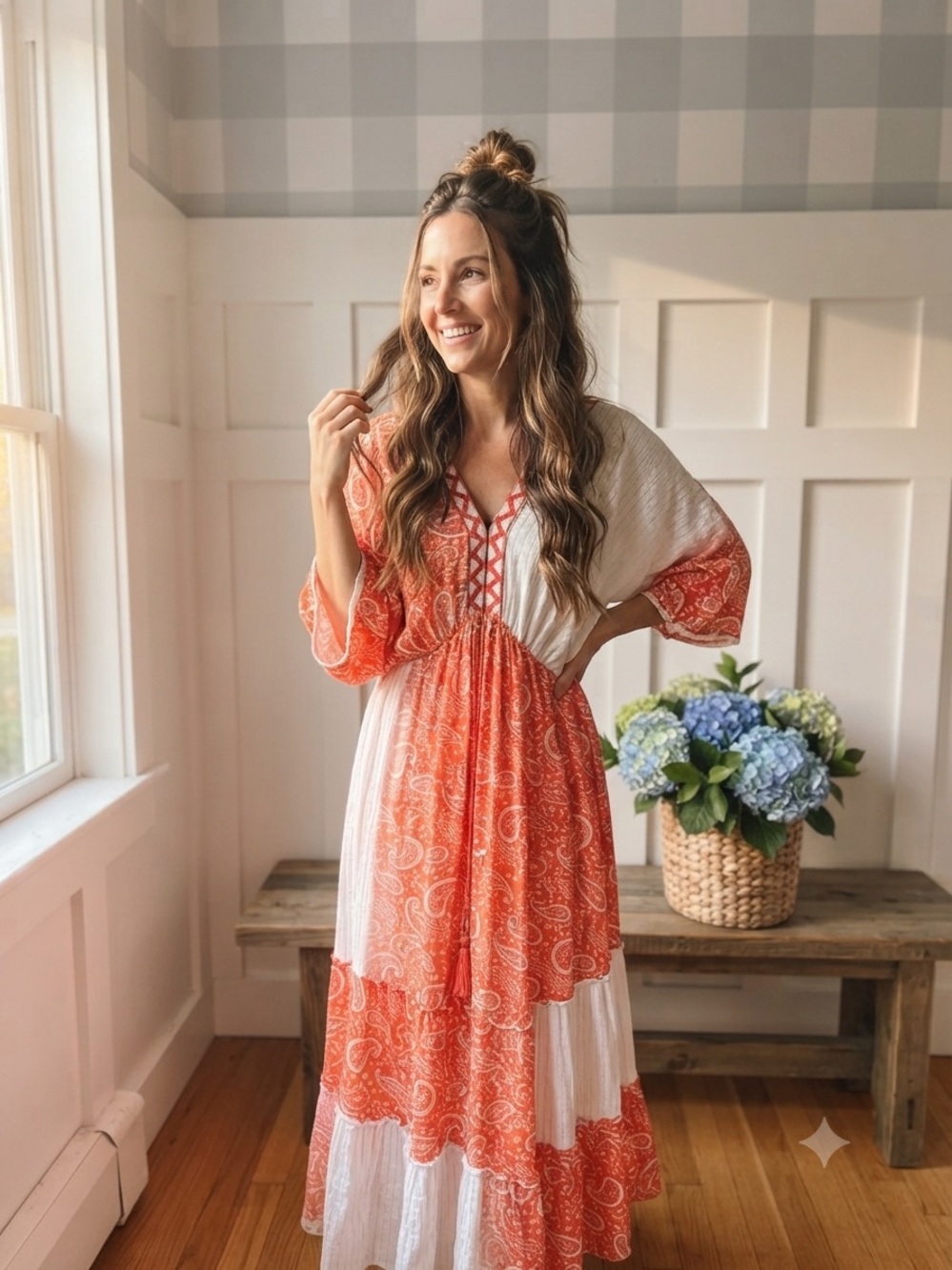 India Boutique Orange & White Paisley Tiered Boho Maxi Dress Medium